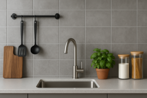 Achterwand keuken tegels grijs