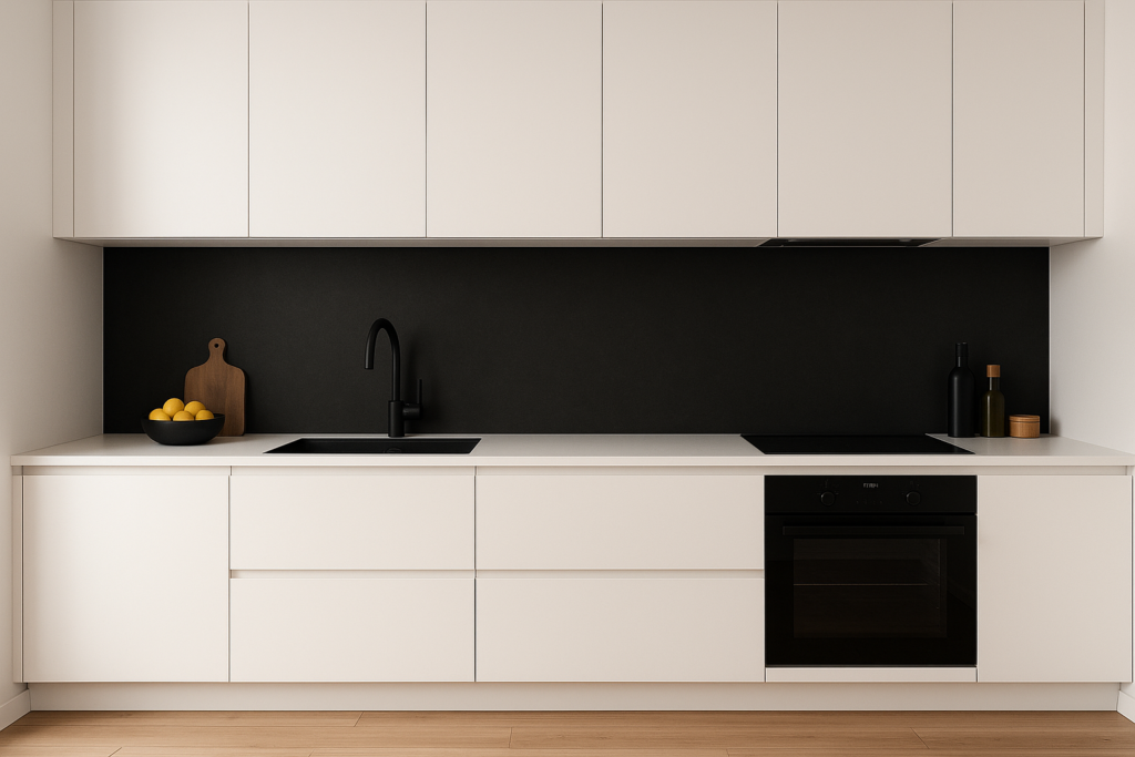 Witte keuken met zwarte achterwand