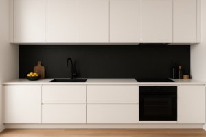 Witte keuken met zwarte achterwand