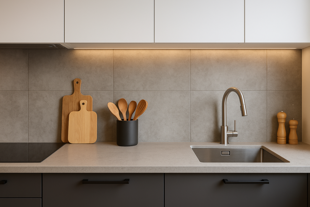 Betonlook tegels achterwand keuken