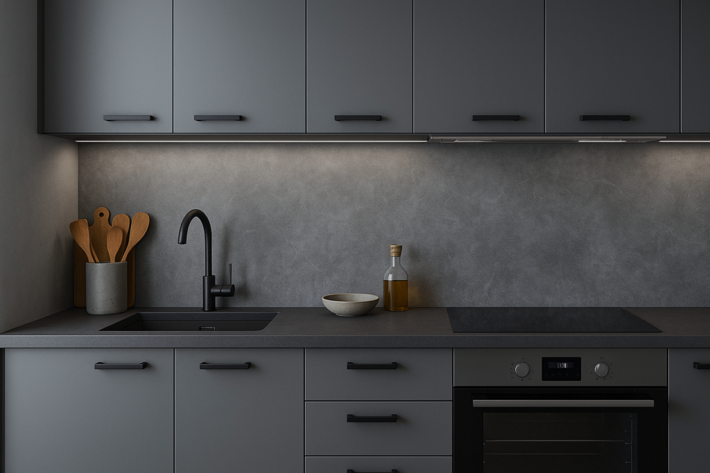 Achterwand grijze keuken