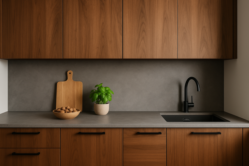 Walnoot keuken grijs blad achterwand