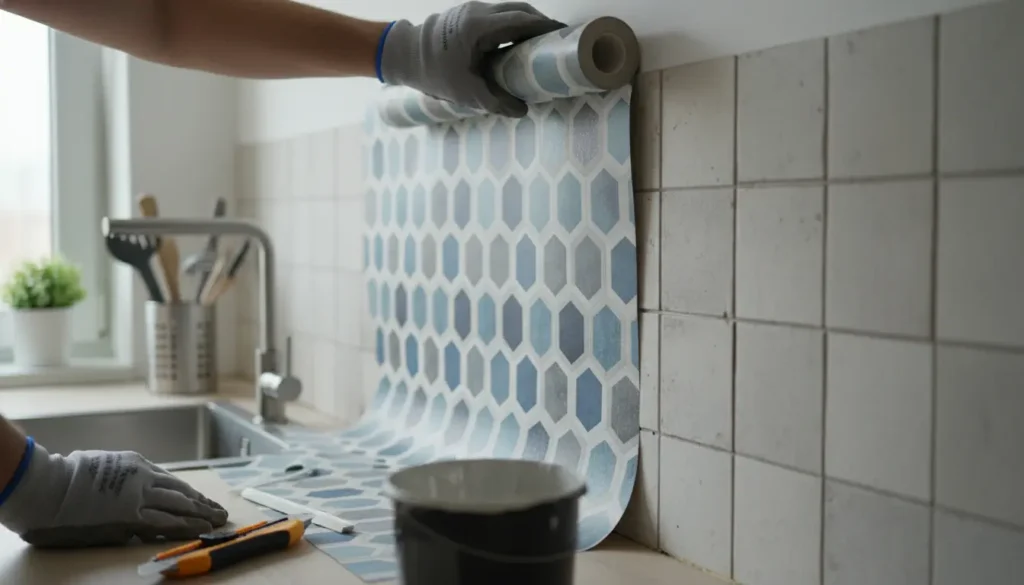 Behang over tegels keuken