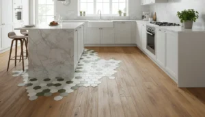 Houten vloer met tegels keuken