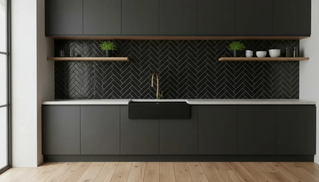 Visgraat tegels keuken zwart