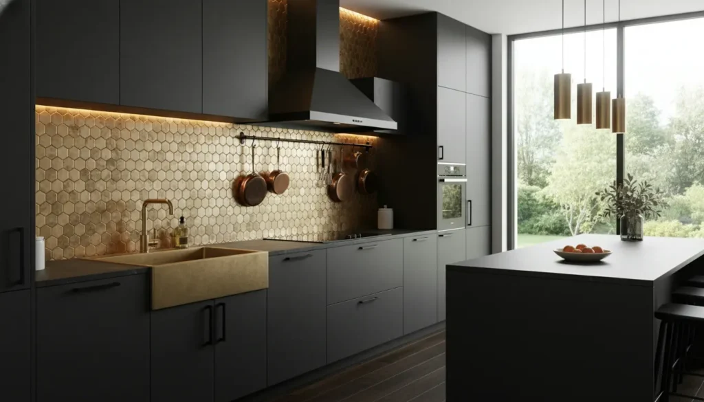 Zwarte keuken gouden tegels