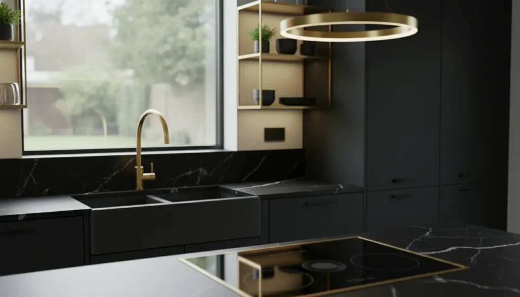 Gouden kraan zwarte keuken